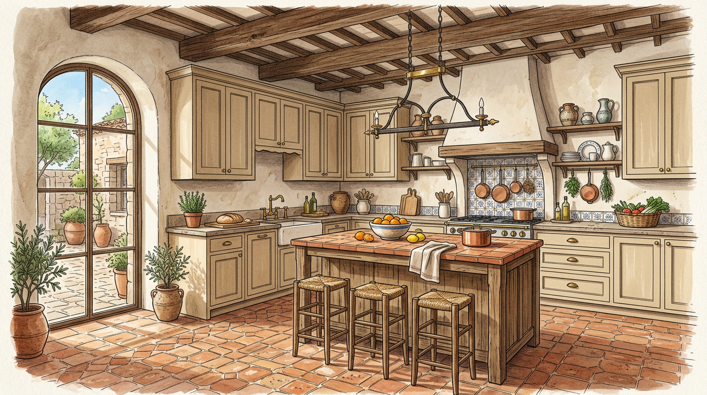Cocina clásica mediterránea con tonos cálidos