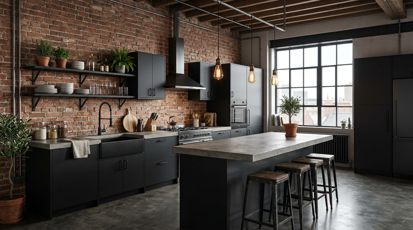 Cocina industrial urbana con hormigón y metal