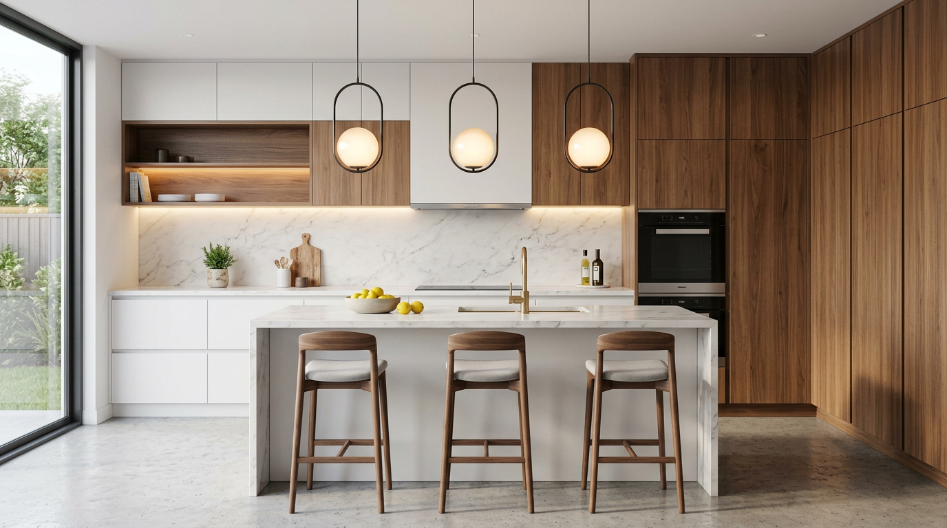 Cocina moderna minimalista con encimera de mármol