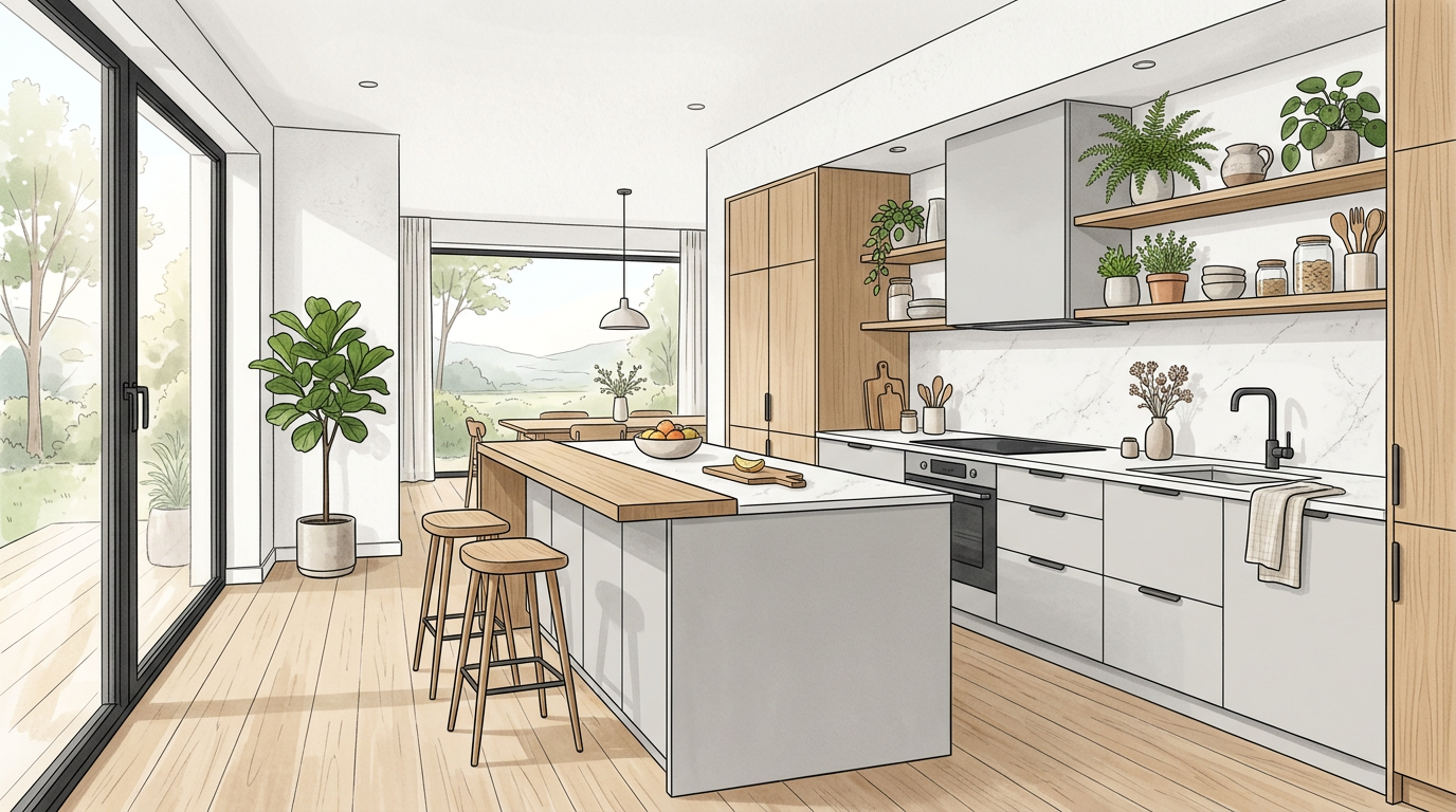 Cocina nórdica escandinava con madera de roble